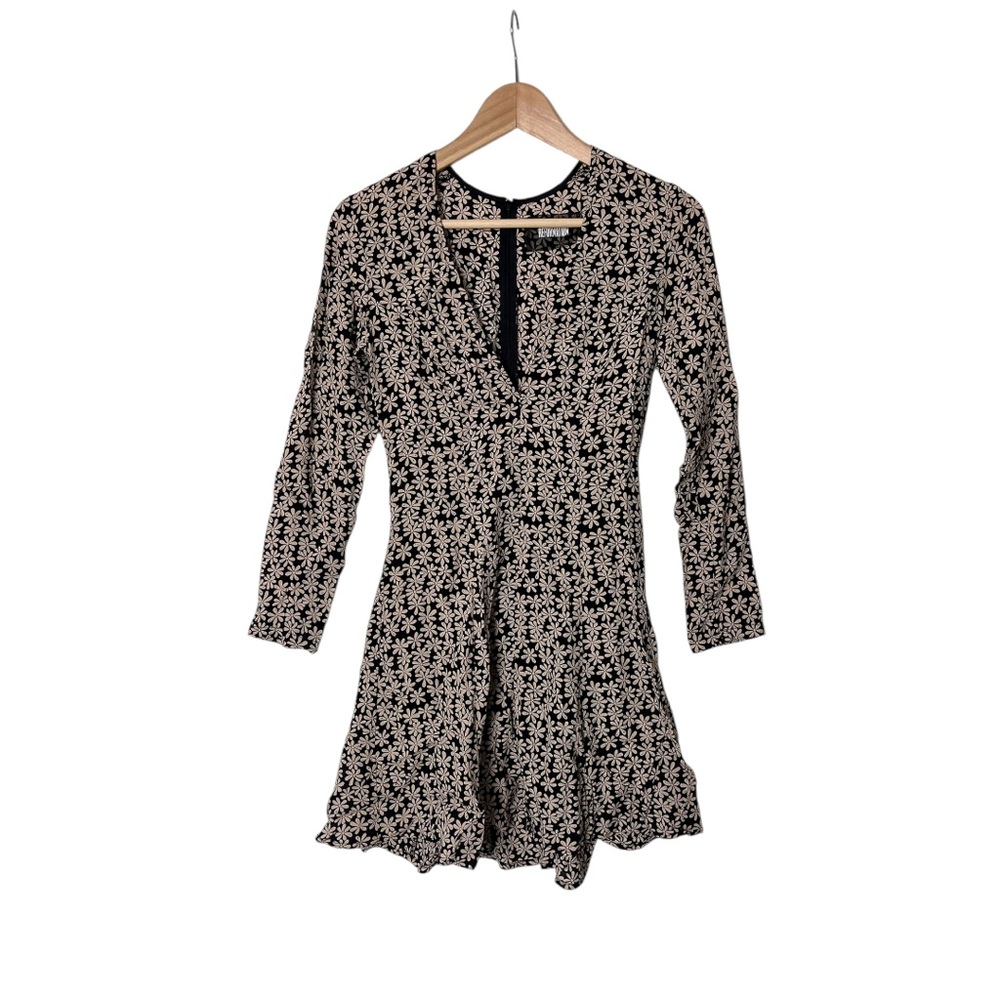 Reformation Black and Cream Floral Long Sleeve Dress